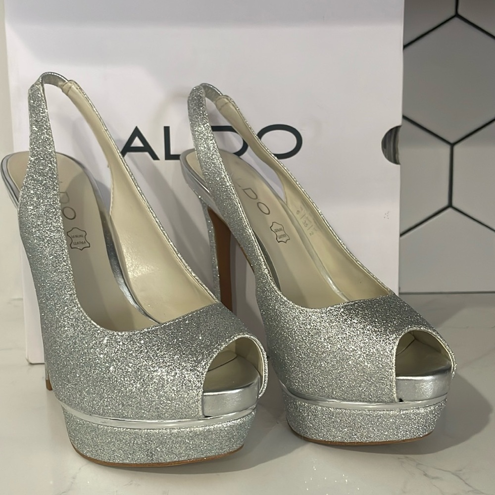 Aldo Silver Glitter Peep-Toe Slingback Platform Heels